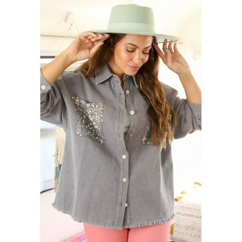 Cowgirl State of Mind Sequin Shacket in Grey - Picture 3 of 7